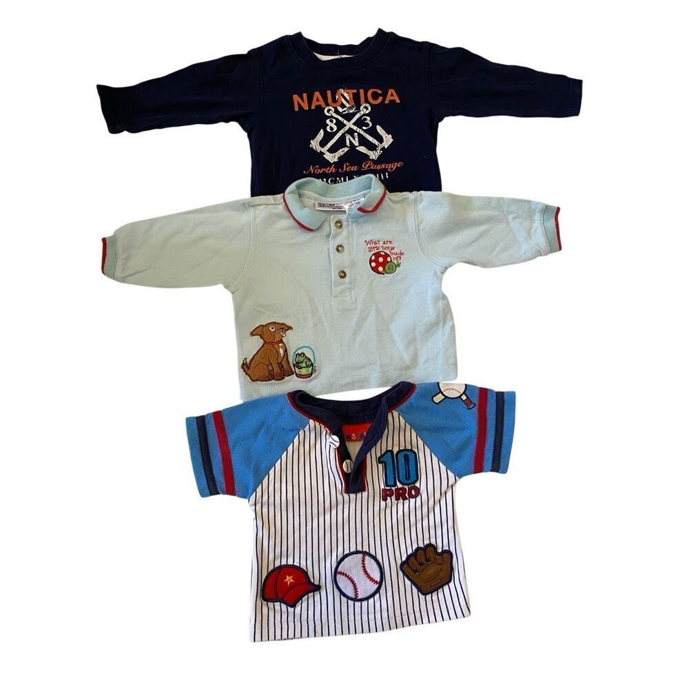 Lot of 3 Boys 12M Long Sleeve Button Up Shirts Baseball T Shirt Jersey Casual